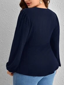 SHEIN Clasi 大碼前扭結燈籠袖襯衫 - 藏蓝色 - 查看 2