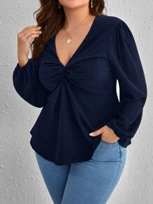 SHEIN Clasi 大碼前扭結燈籠袖襯衫 - 藏蓝色 - 查看 3