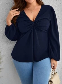 SHEIN Clasi 大碼前扭結燈籠袖襯衫 - 藏蓝色 - 查看 4