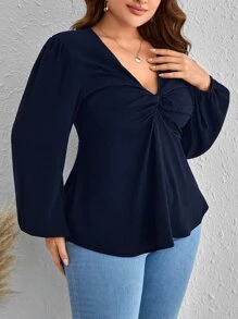 SHEIN Clasi 大碼前扭結燈籠袖襯衫 - 藏蓝色 - 查看 6