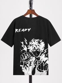 SHEIN Boys Letter & Figure Graphic Drop Shoulder Tee - Black - View 1