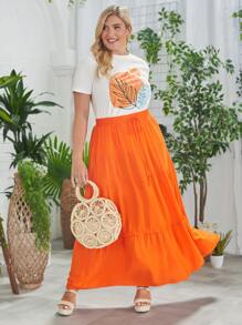 SHEIN VCAY Plus 1pc Tropical Print Tee & 1pc Ruffle Hem Skirt - Multicolor - View 1