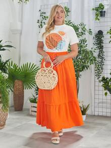 SHEIN VCAY Plus 1pc Tropical Print Tee & 1pc Ruffle Hem Skirt - Multicolor - View 4