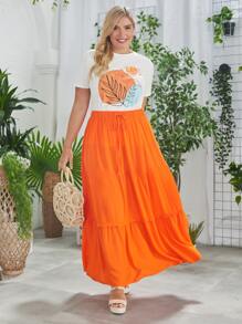 SHEIN VCAY Plus 1pc Tropical Print Tee & 1pc Ruffle Hem Skirt - Multicolor - View 6