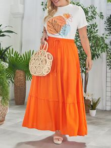 SHEIN VCAY Plus 1pc Tropical Print Tee & 1pc Ruffle Hem Skirt - Multicolor - View 8