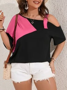 SHEIN LUNE Áo thun Plus size Bất đối xứng Cắt ra Khối Màu Giải trí - Nhiều màu - Xem 3