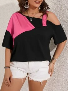 SHEIN LUNE Áo thun Plus size Bất đối xứng Cắt ra Khối Màu Giải trí - Nhiều màu - Xem 4