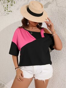 SHEIN LUNE Áo thun Plus size Bất đối xứng Cắt ra Khối Màu Giải trí - Nhiều màu - Xem 5