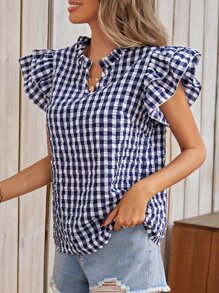 SHEIN LUNE 休闲格子衬衫，双层翻领，荷叶袖