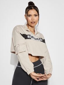 VARSITIE Letter Graphic Flap Pocket Half Zip Crop Sports Jacket - Beige - View 3