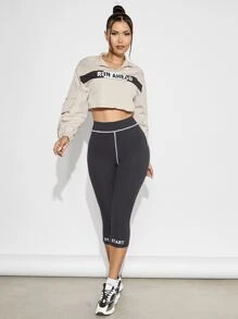 VARSITIE Letter Graphic Flap Pocket Half Zip Crop Sports Jacket - Beige - View 4