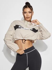 VARSITIE Letter Graphic Flap Pocket Half Zip Crop Sports Jacket - Beige - View 5