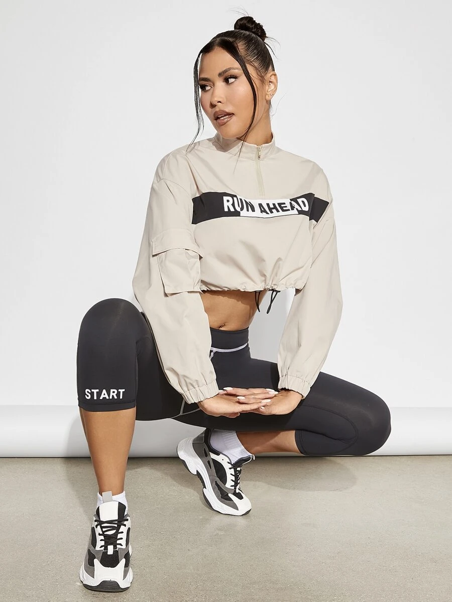 VARSITIE Letter Graphic Flap Pocket Half Zip Crop Sports Jacket - Beige - View 1