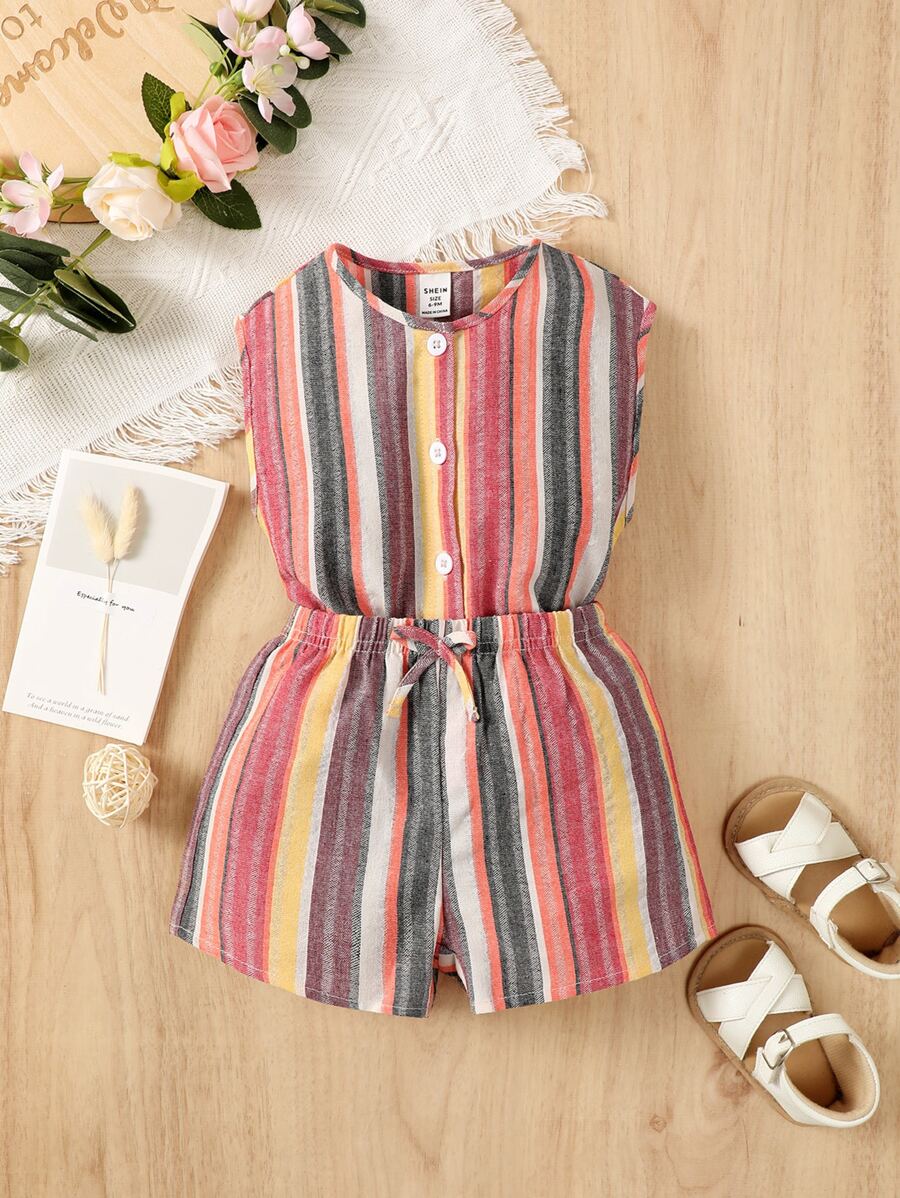 嬰兒條紋印花前紐扣上衣和前蝴蝶結短褲 - 彩色 - 查看 1
