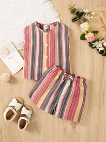 嬰兒條紋印花前紐扣上衣和前蝴蝶結短褲 - 彩色 - 查看 3