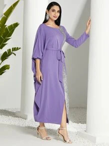 Modelyn Contrast Sequin Belted Split Hem Dress - Violet Purple - View 3