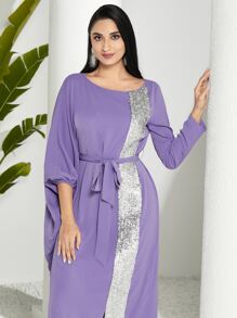 Modelyn Contrast Sequin Belted Split Hem Dress - Violet Purple - View 5