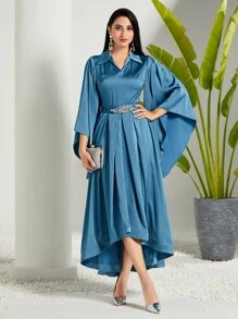Modelyn Solid Flounce Sleeve Satin Dress With Belt - Dusty Blue - View 1