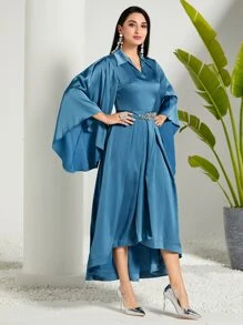 Modelyn Solid Flounce Sleeve Satin Dress With Belt - Dusty Blue - View 3