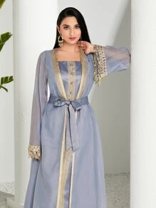 Modelyn 拼接邊開門襟外套和繫腰帶連衣裙 - 霧霾藍 - 查看 5