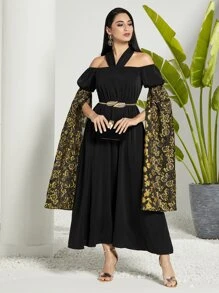 Modelyn Gold Floral Print Cold Shoulder Split Sleeve Dress Without Belt Long Evening Dresses - Black - View 1
