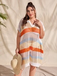 SHEIN Swim Curve Plus Colorblock Batwing Sleeve Open Knit Cover Up Dress Without Bikini - Multicolor - View 1