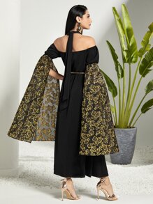 Modelyn Gold Floral Print Cold Shoulder Split Sleeve Dress Without Belt Long Evening Dresses - Black - View 2
