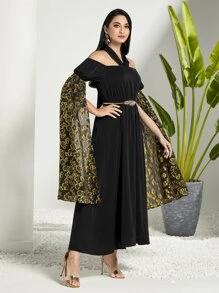 Modelyn Gold Floral Print Cold Shoulder Split Sleeve Dress Without Belt Long Evening Dresses - Black - View 3