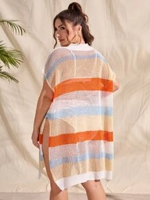SHEIN Swim Curve Plus Colorblock Batwing Sleeve Open Knit Cover Up Dress Without Bikini - Multicolor - View 2