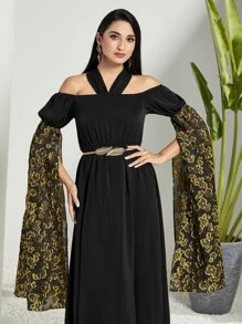 Modelyn Gold Floral Print Cold Shoulder Split Sleeve Dress Without Belt Long Evening Dresses - Black - View 4