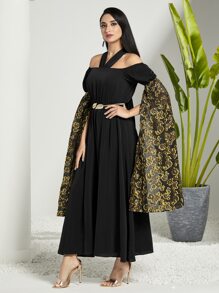 Modelyn Gold Floral Print Cold Shoulder Split Sleeve Dress Without Belt Long Evening Dresses - Black - View 5