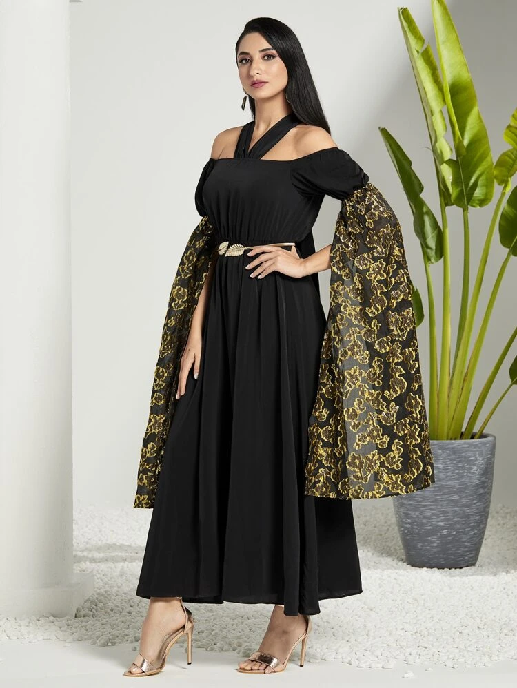 Gold Floral Print Cold Shoulder Split Sleeve Dress Without Belt Long Evening Dresses