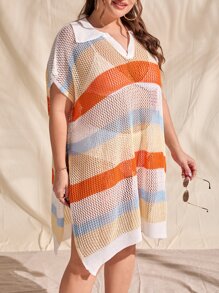 SHEIN Swim Curve Plus Colorblock Batwing Sleeve Open Knit Cover Up Dress Without Bikini - Multicolor - View 5