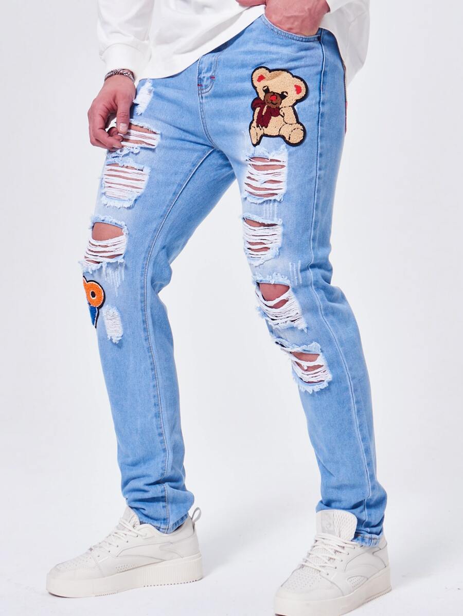 Men Plus Bear Patched Ripped Frayed Skinny Jeans - Medium Wash - View 1