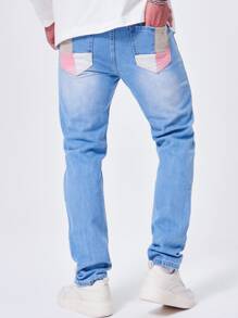 Men Plus Bear Patched Ripped Frayed Skinny Jeans - Medium Wash - View 2