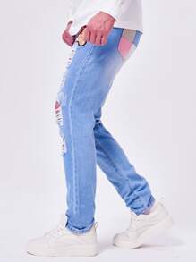 Men Plus Bear Patched Ripped Frayed Skinny Jeans - Medium Wash - View 3