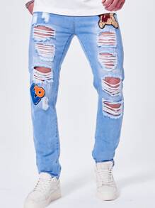 Men Plus Bear Patched Ripped Frayed Skinny Jeans - Medium Wash - View 4