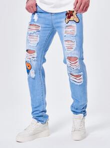 Men Plus Bear Patched Ripped Frayed Skinny Jeans - Medium Wash - View 5