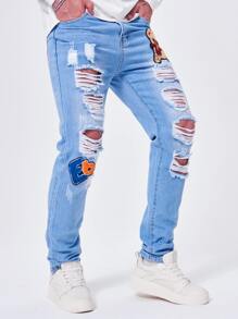 Men Plus Bear Patched Ripped Frayed Skinny Jeans - Medium Wash - View 6