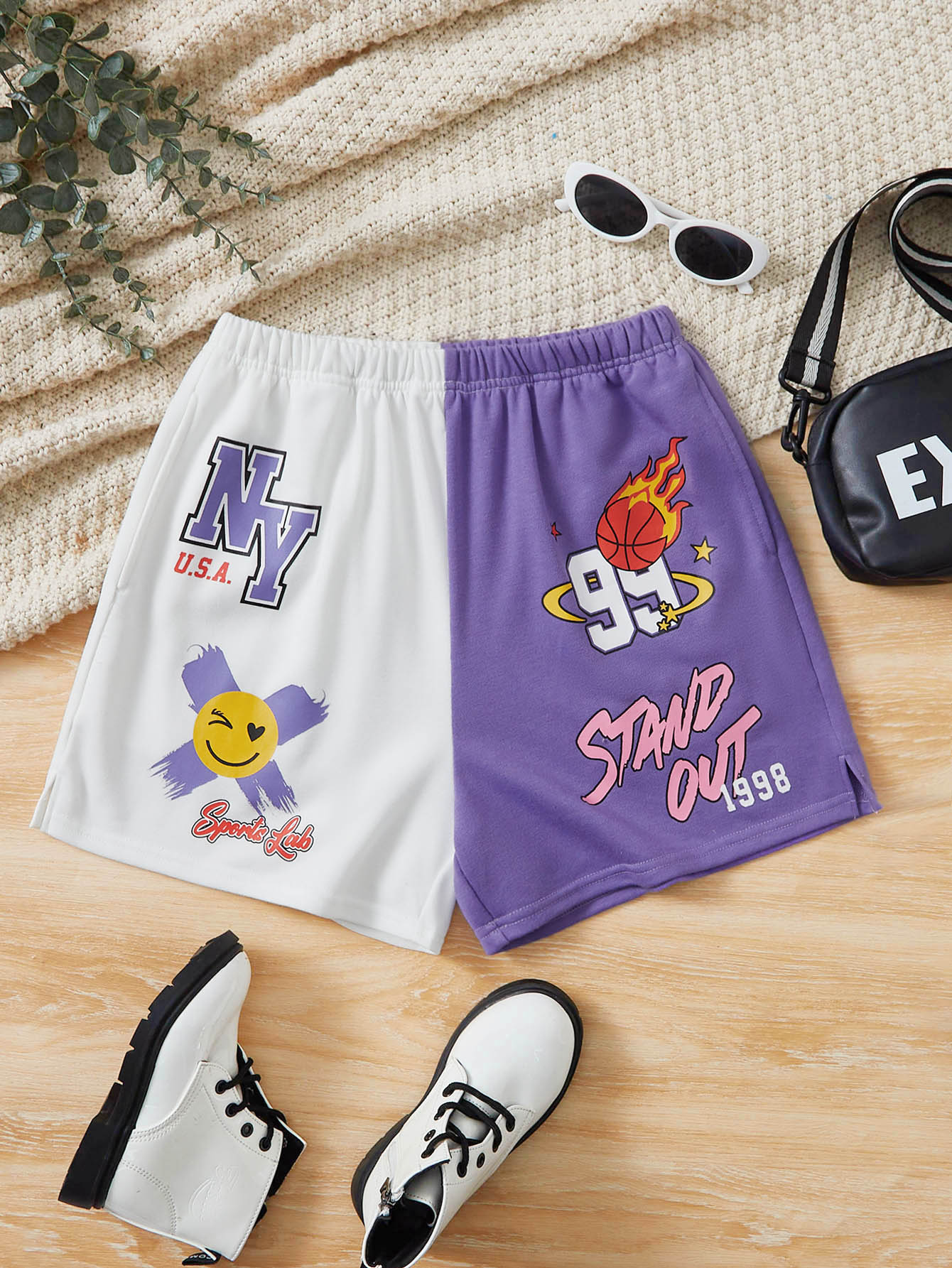 SHEIN Teen Girls Cartoon & Letter Graphic Split Hem Shorts - Multicolor - View 1