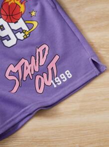 SHEIN Teen Girls Cartoon & Letter Graphic Split Hem Shorts - Multicolor - View 4