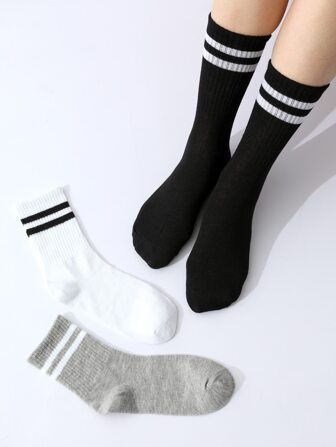 3pairs Random Striped Pattern Crew Socks