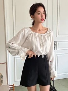 DAZY 花朵刺繡荷葉袖上衣 - 白色 - 查看 4