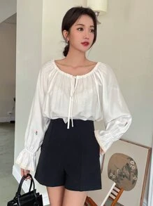 DAZY 花朵刺繡荷葉袖上衣 - 白色 - 查看 5