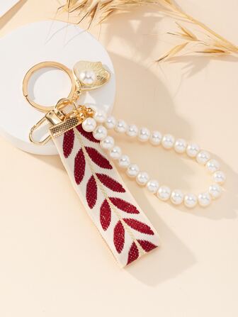 1pc Fashionable Keychain With Faux Pearl Fabric Decoration Christmas Gift Souvenir Car Accessories Bag Charm School Pearl