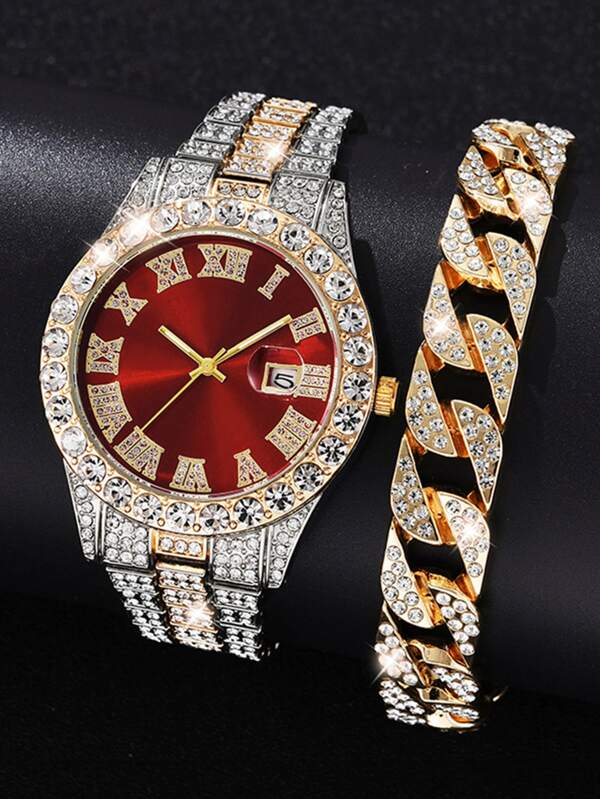 2pcs/Set Fashion Men's Rhinestone-Encrusted Roman Numeral Round Dial Steel Band Quartz Watch + Rhinestone-Encrusted Hip Hop Bracelet, Suitable For Daily Matching, Birthday, Men's Gift, Anniversary, , Singles' Day, Halloween Promotion And Other Holiday Gifts