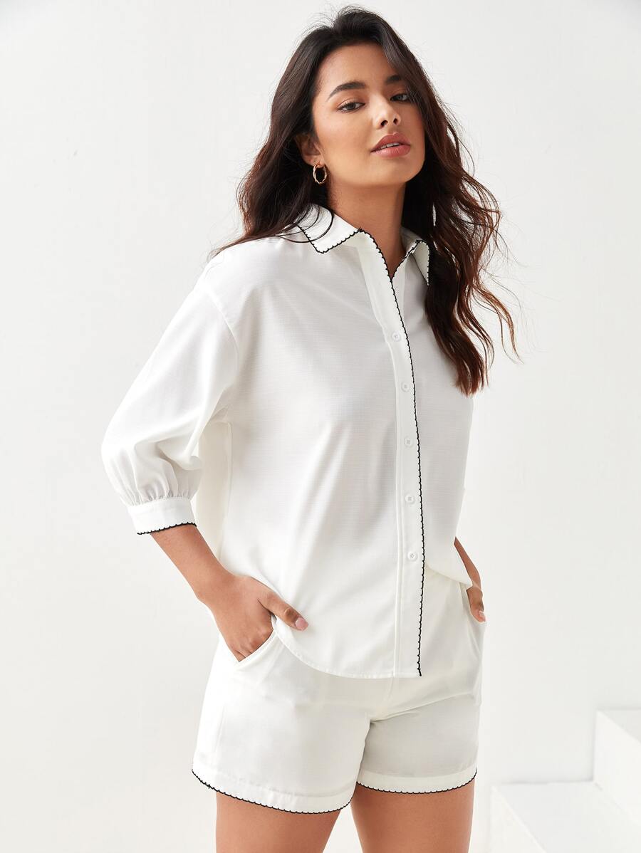 BizChic 落肩袖拼接滾邊襯衫和短褲工作服