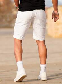 男士斜口袋牛仔短褲 - 白色 - 查看 2