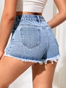 SHEIN Tall 破洞毛邊牛仔短褲 - 淺色水洗藍 - 查看 2