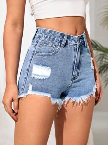 SHEIN Tall 破洞毛邊牛仔短褲 - 淺色水洗藍 - 查看 4